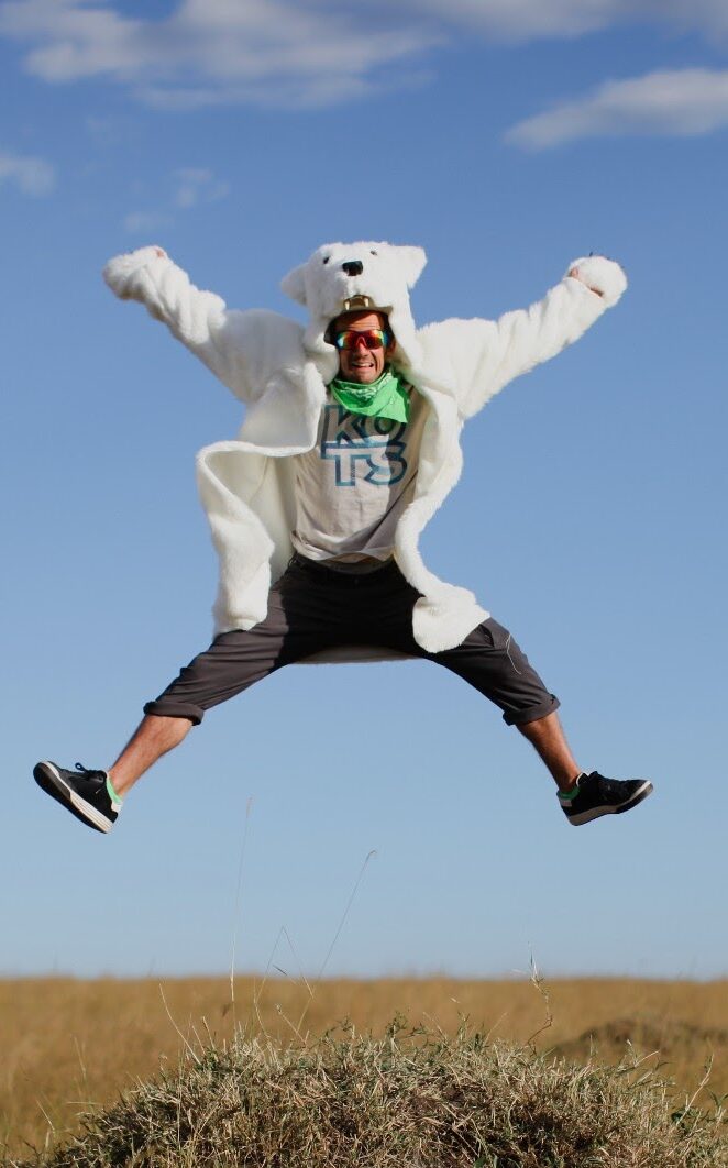 jumping in bear coat